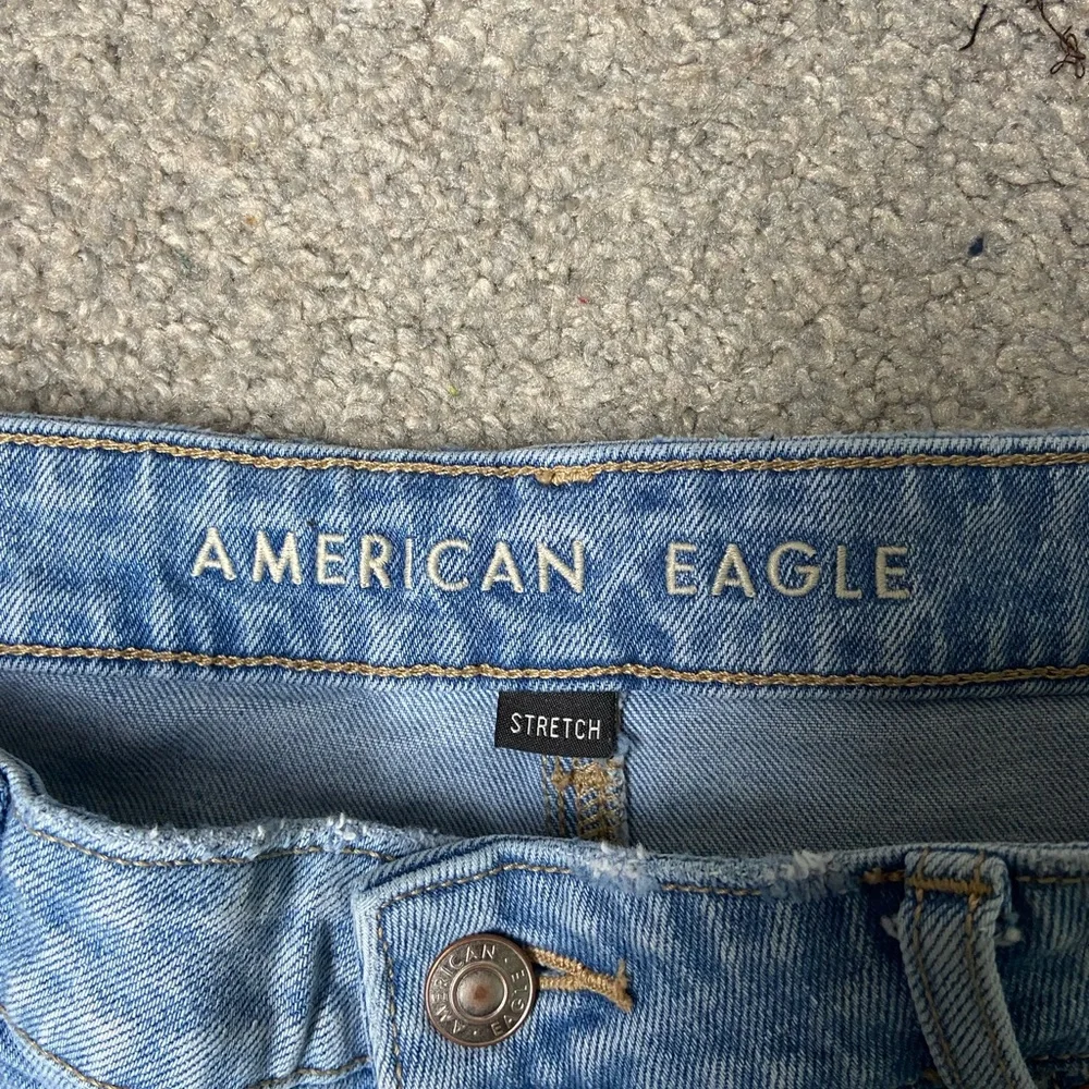 American Eagle Outfitters High Rise Baggy Long Jean Shorts Distressed Frayed Hem
